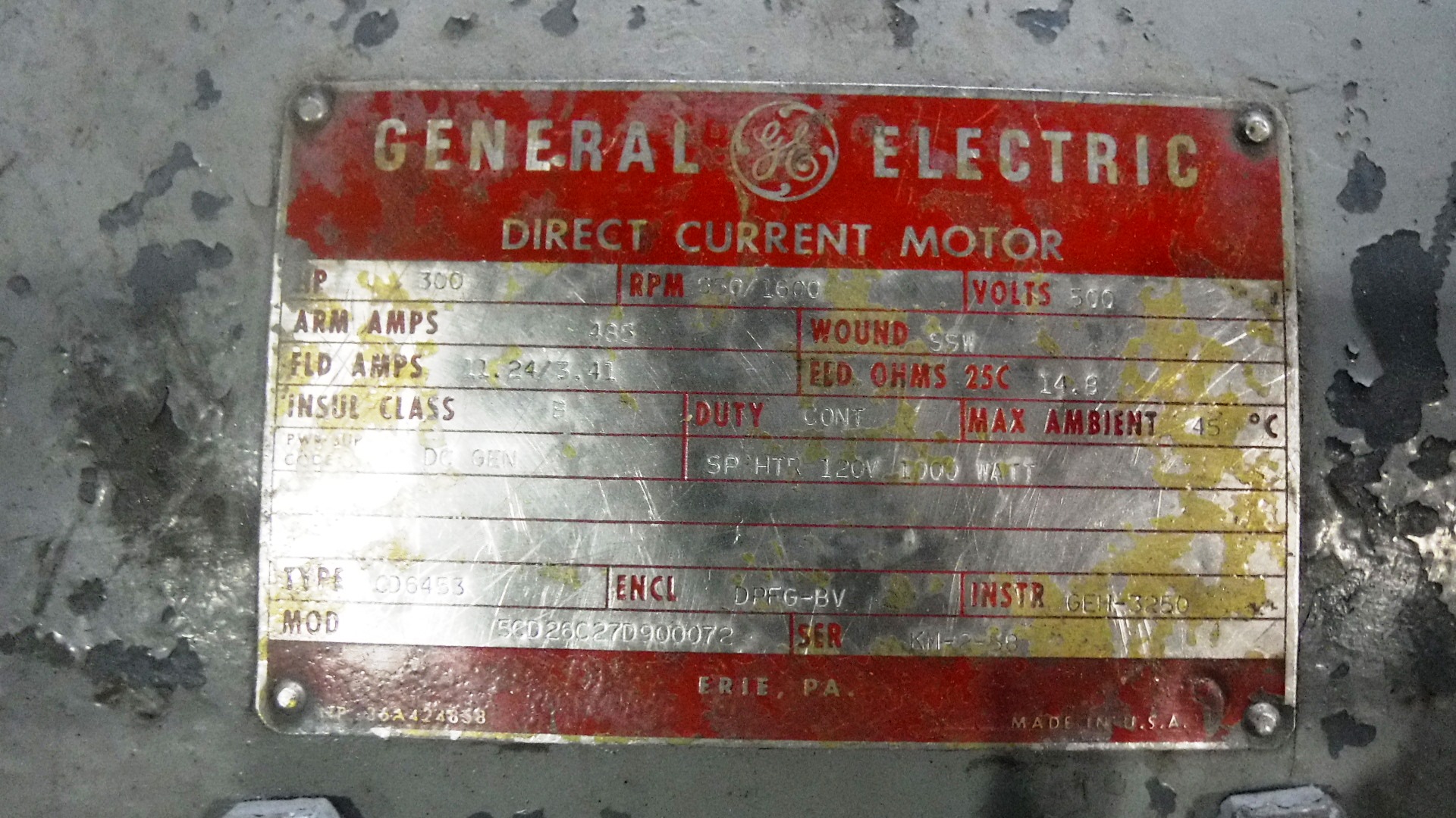 General Electric 300 HP 650/1600 RPM 6453 DC Motors 81499